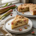 Slice of rhubarb cake with streusel topping on a plate in natural light