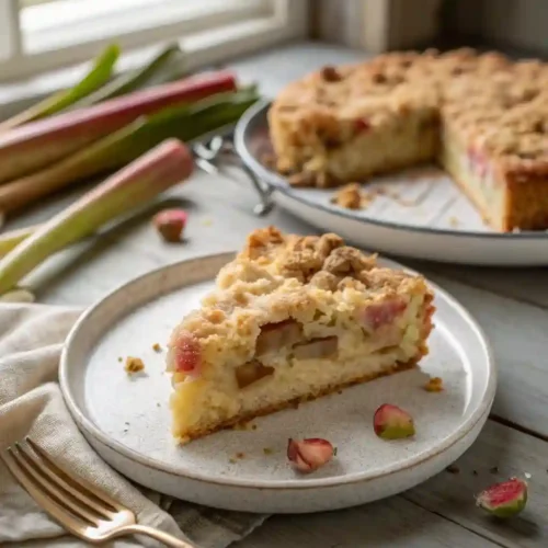 Slice of rhubarb cake with streusel topping on a plate in natural light