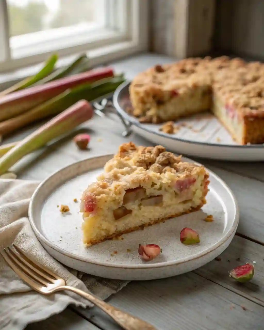 Slice of rhubarb cake with streusel topping on a plate in natural light