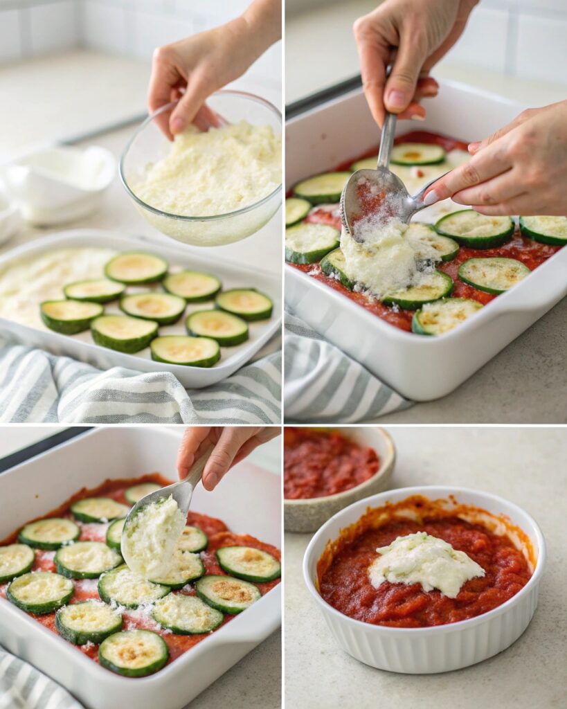 Visual step-by-step layering process for Zucchini Ricotta Melts.