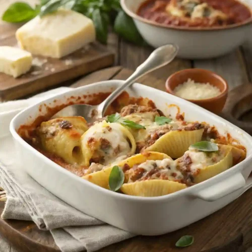 A baking dish of creamy ricotta beef stuffed shells topped with melted cheese and fresh basil.