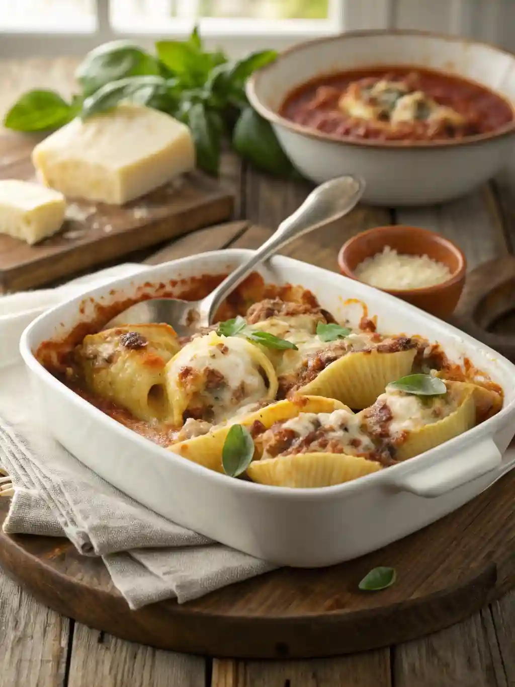 A baking dish of creamy ricotta beef stuffed shells topped with melted cheese and fresh basil.