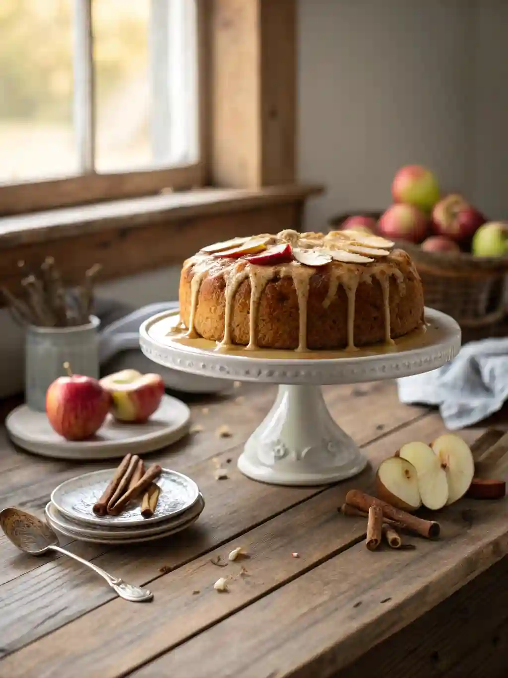 Freshly baked Amish Apple Cake with glossy caramel glaze on a vintage cake stand, surrounded by sliced apples and cinnamon sticks in a rustic kitchen.