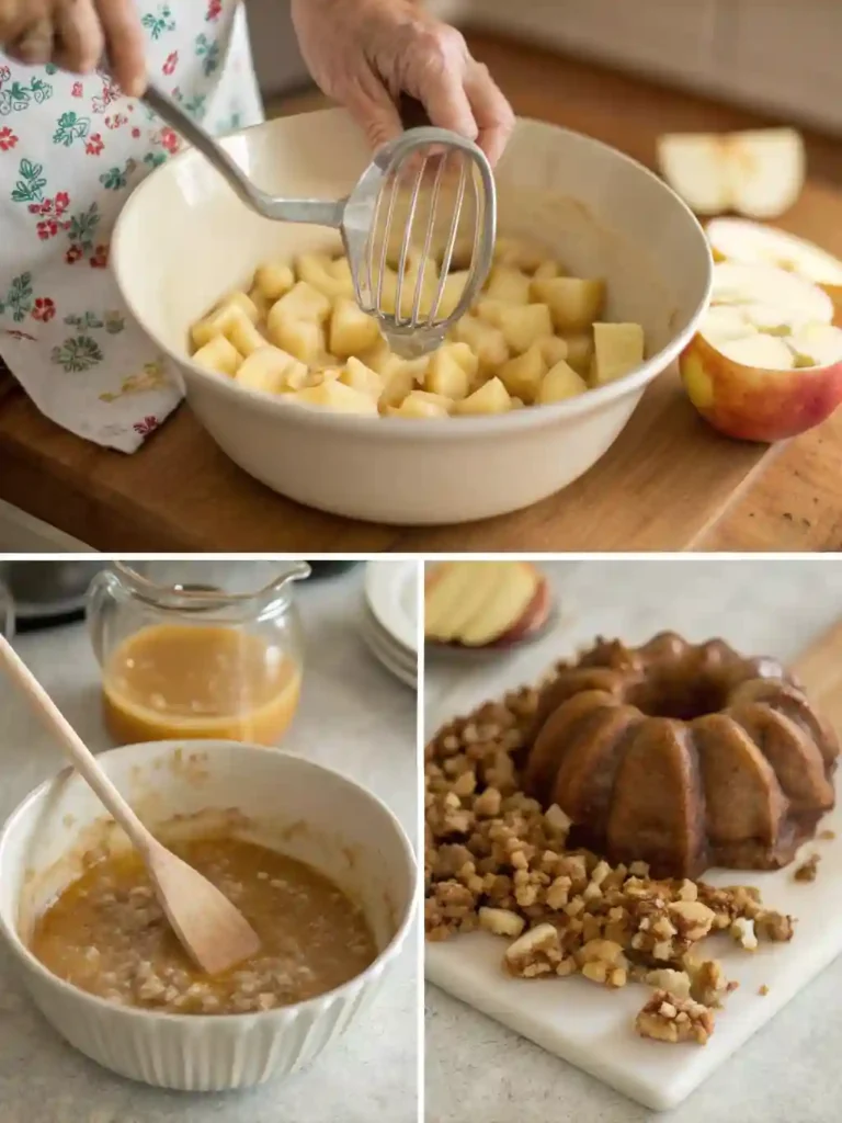 Collage showing the key steps for Amish Apple Cake: mixing wet ingredients, folding apples into batter, and filling a bundt pan.