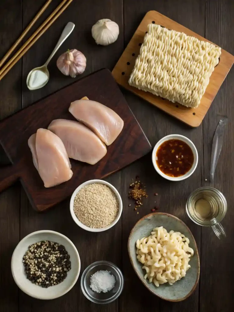 Ingredients laid out for chicken ramen with creamy garlic.