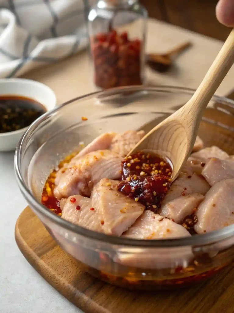 Chicken strips marinating for chicken ramen with creamy garlic.