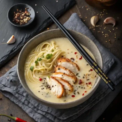 Steaming bowl of chicken ramen with creamy garlic sauce topped with chicken slices, scallions, and chili oil.
