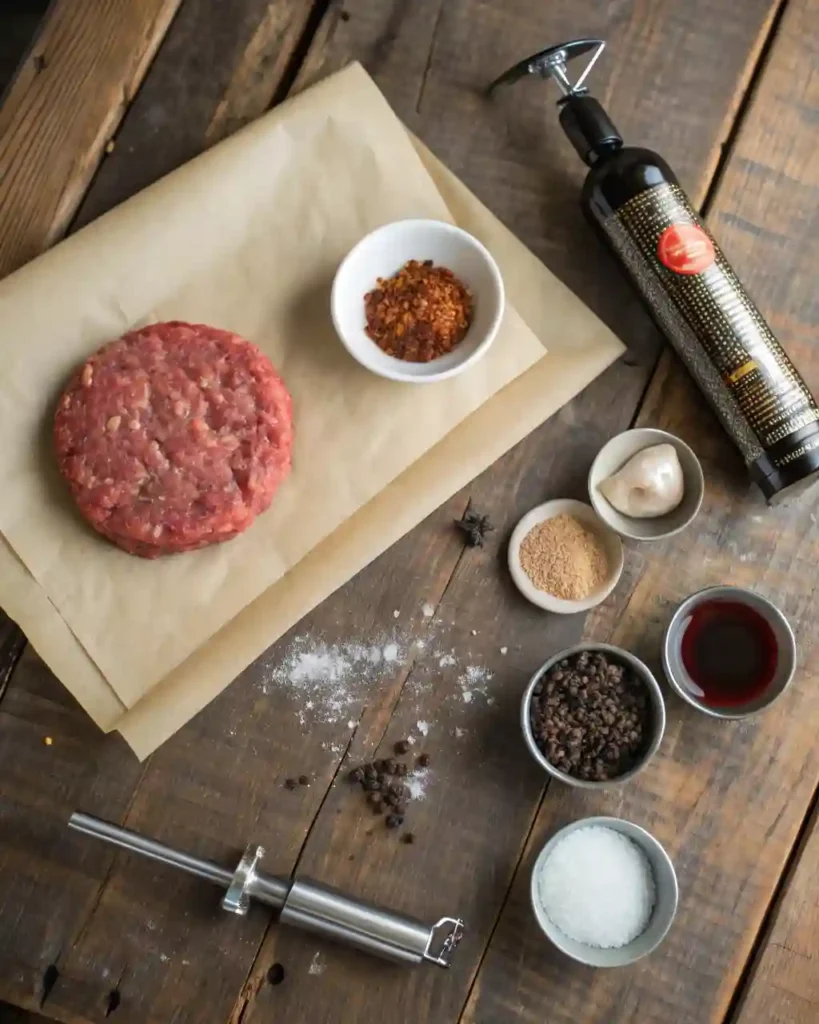 Ingredients for ground venison jerky arranged on a rustic wooden table.
