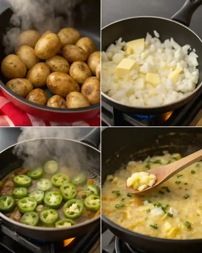 Step-by-step collage of cooking Abuelo’s papas con chile recipe from boiling to mashing