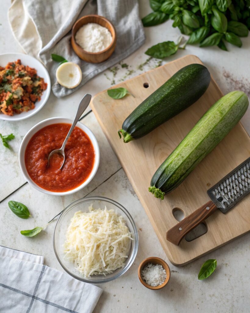 Ingredients laid out for Layered Zucchini Ricotta Melts on a rustic kitchen counter.