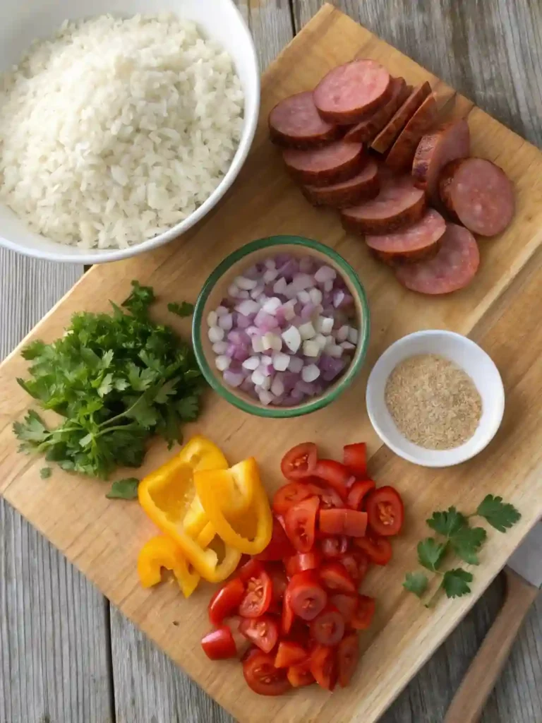 Ingredients laid out for Cajun Sausage Rice Skillet recipe