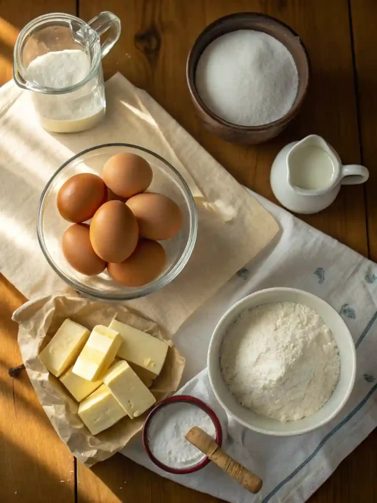 Essential Butter Cake Recipe ingredients laid out on a wooden countertop.