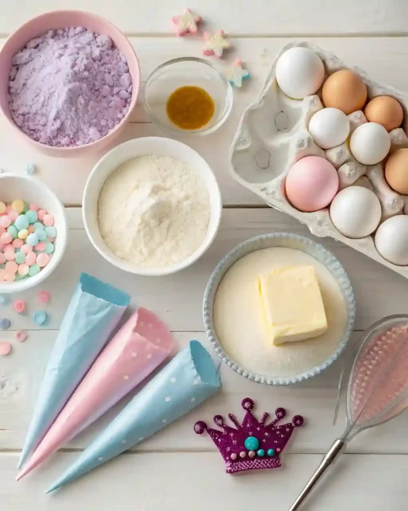Flat lay of ingredients for a princess birthday cake, including flour, eggs, butter, and colorful decorations.
