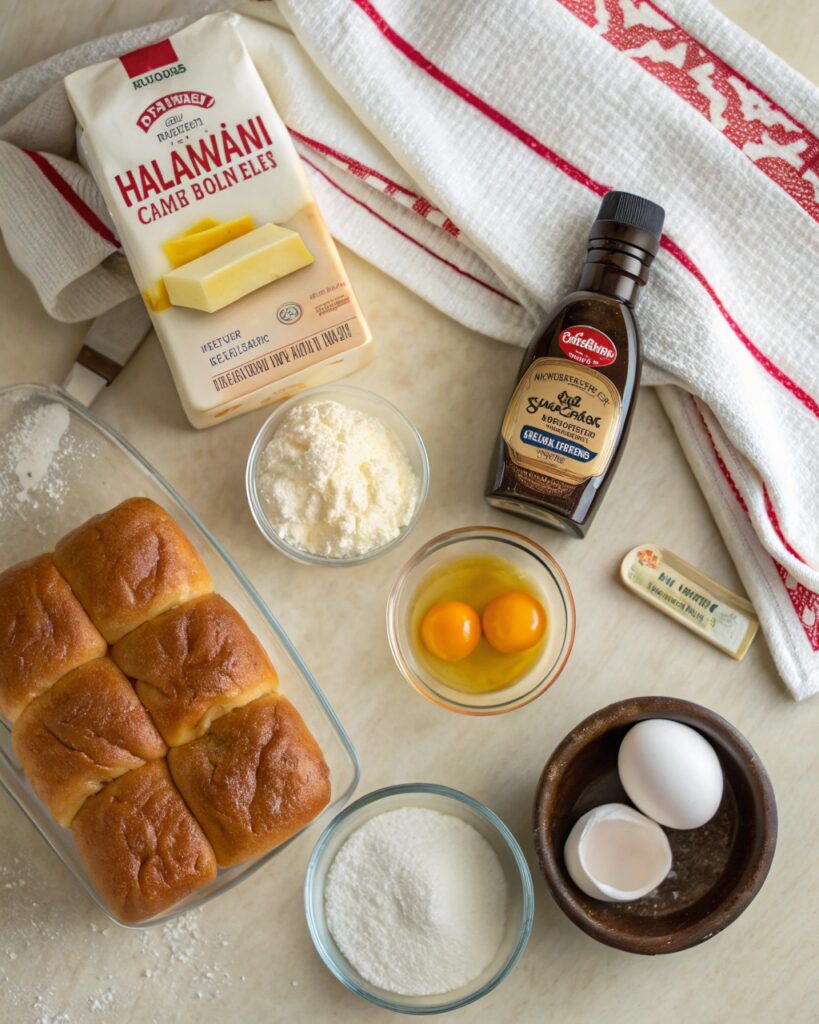 Ingredients for King’s Hawaiian Cheesecake Danish laid out on a kitchen counter