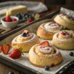 Freshly baked King’s Hawaiian Cheesecake Danishes with cream cheese filling and powdered sugar on a tray
