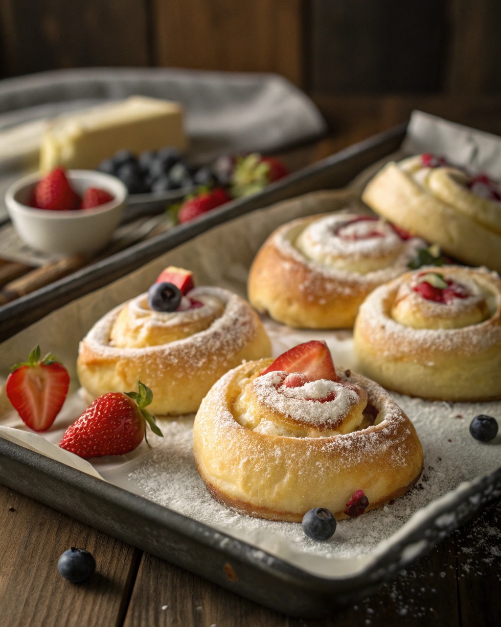 Freshly baked King’s Hawaiian Cheesecake Danishes with cream cheese filling and powdered sugar on a tray