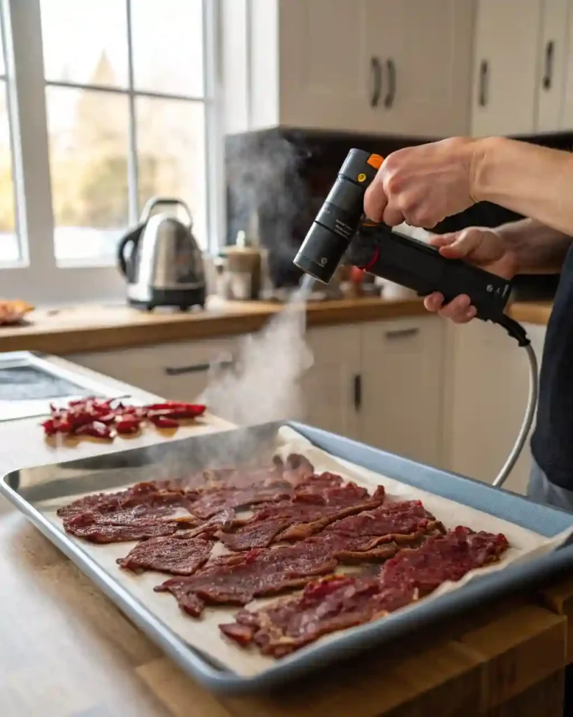 Piping ground venison jerky strips onto a dehydrator tray with a jerky gun.