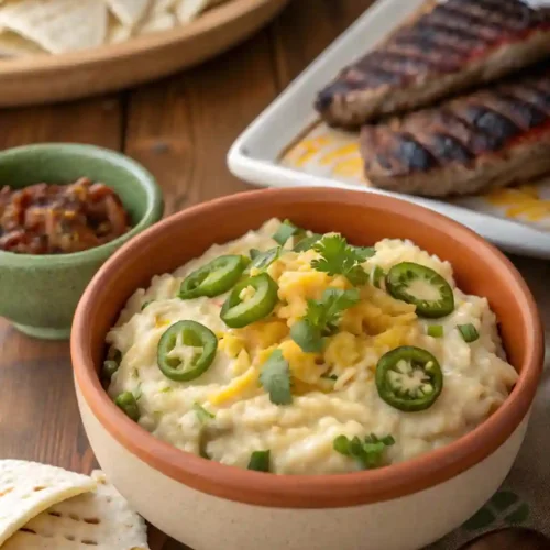 A bowl of creamy Mexican mashed potatoes with jalapeños, bell peppers, and melted cheese served with tortillas and steak.