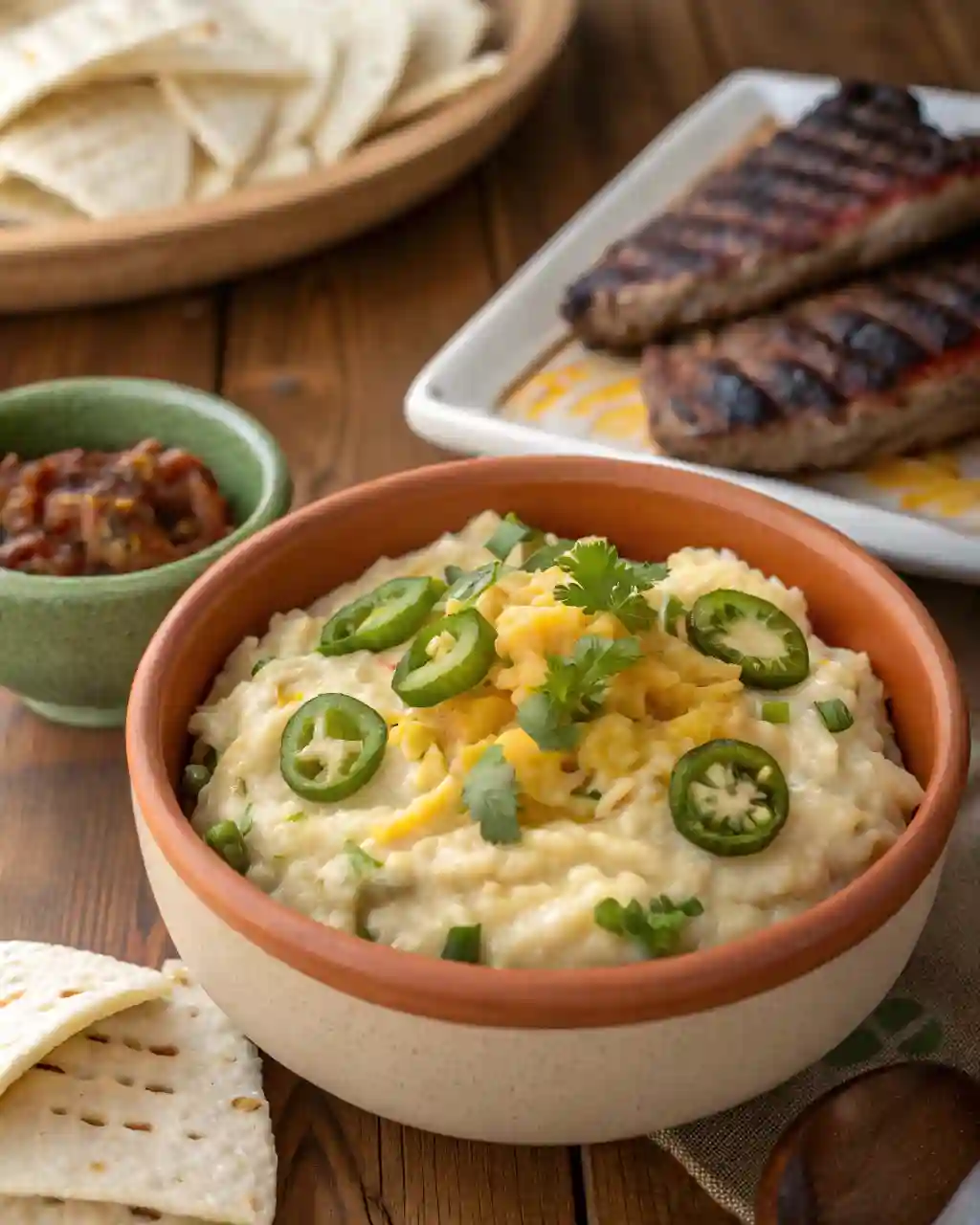 A bowl of creamy Mexican mashed potatoes with jalapeños, bell peppers, and melted cheese served with tortillas and steak.