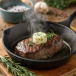 Seared antelope steak resting in a cast-iron skillet with melting herb butter and rosemary.