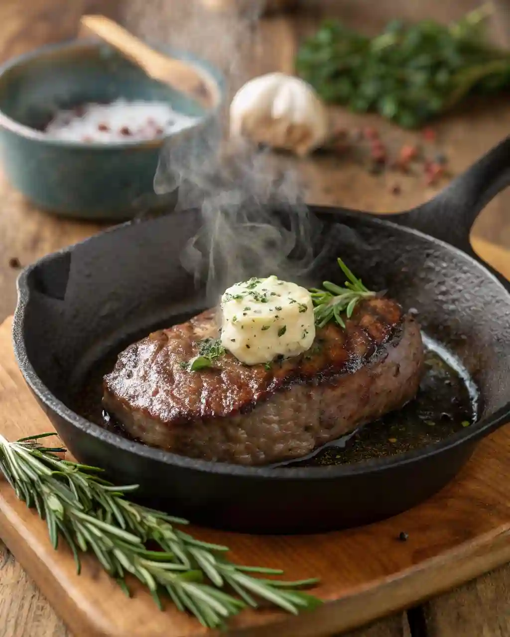 Seared antelope steak resting in a cast-iron skillet with melting herb butter and rosemary.