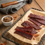 Ground venison jerky strips resting on a cooling rack beside seasoning and a jerky gun nozzle.