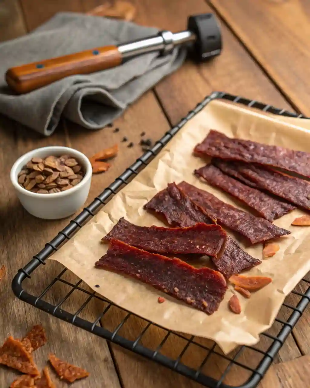 Ground venison jerky strips resting on a cooling rack beside seasoning and a jerky gun nozzle.