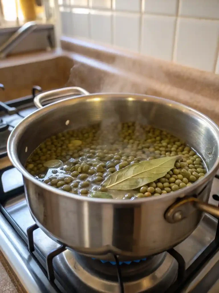 Lentils simmer in a saucepan, steam rising gently.