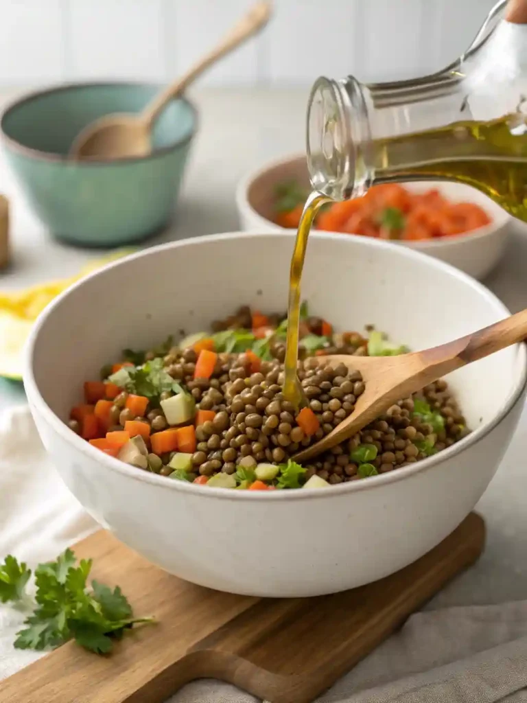 Warm lentils combine with chopped vegetables in a bowl, olive oil drizzling.