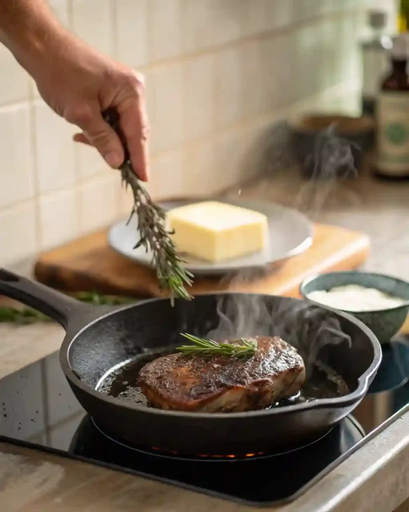 Cook searing antelope steak in a hot cast-iron skillet with butter and rosemary.