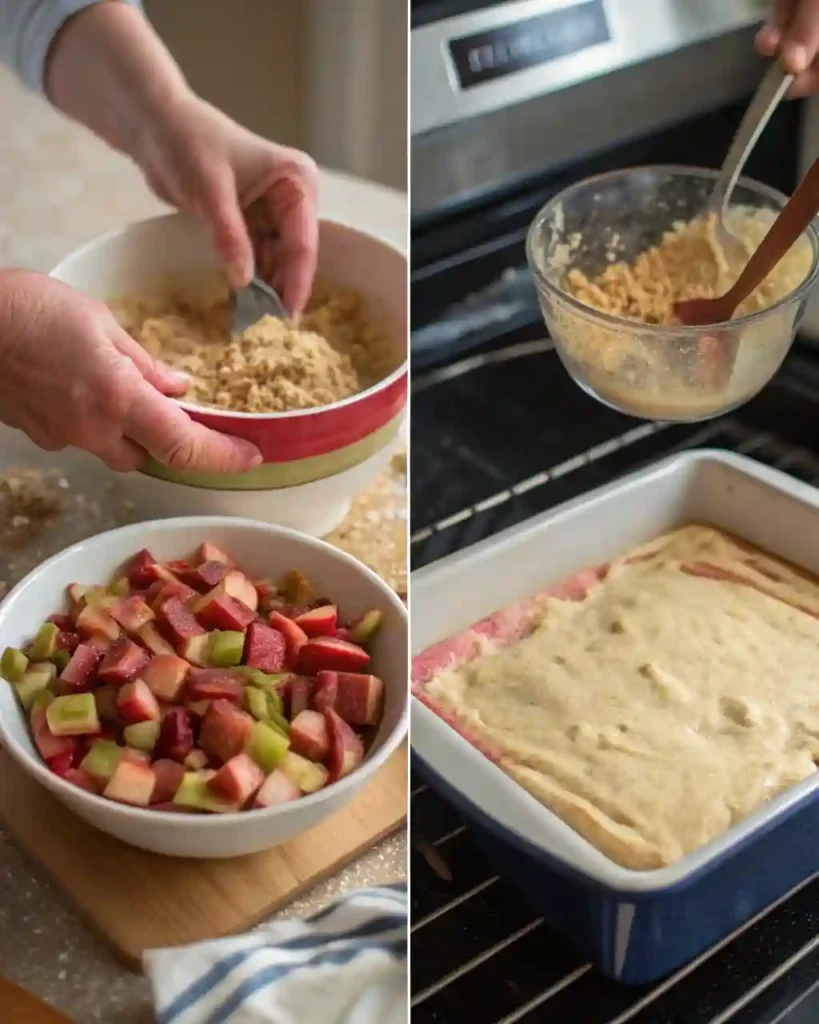 Step-by-step preparation of rhubarb cake including batter and streusel