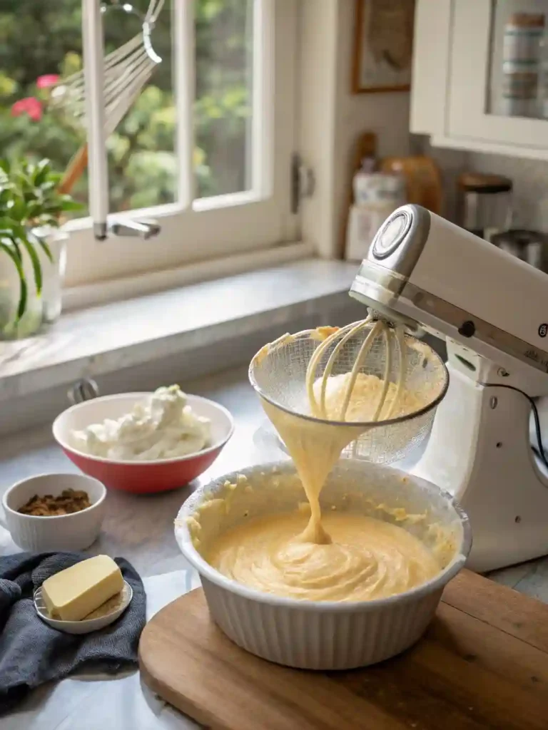 Pouring Butter Cake Recipe batter into a springform pan during the step‑by‑step process.