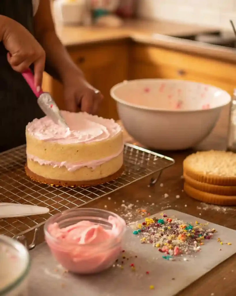 In-progress frosting of a princess birthday cake with pastel buttercream and baking tools.