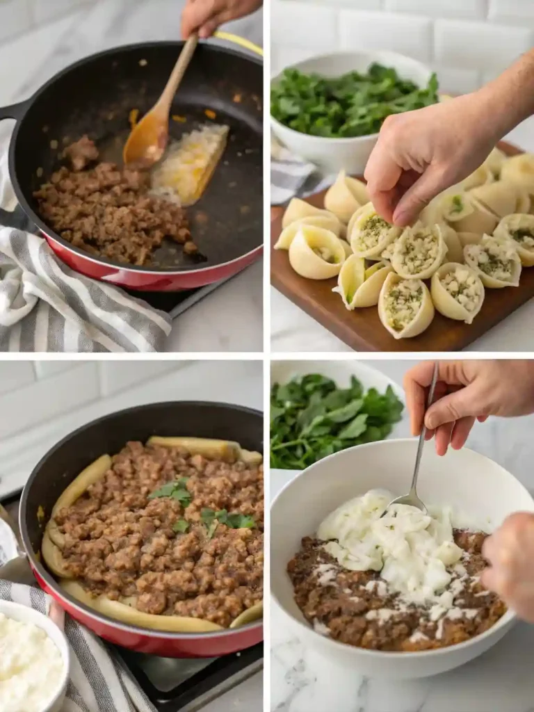 Step-by-step visuals showing how to make Ricotta Beef Stuffed Shells.