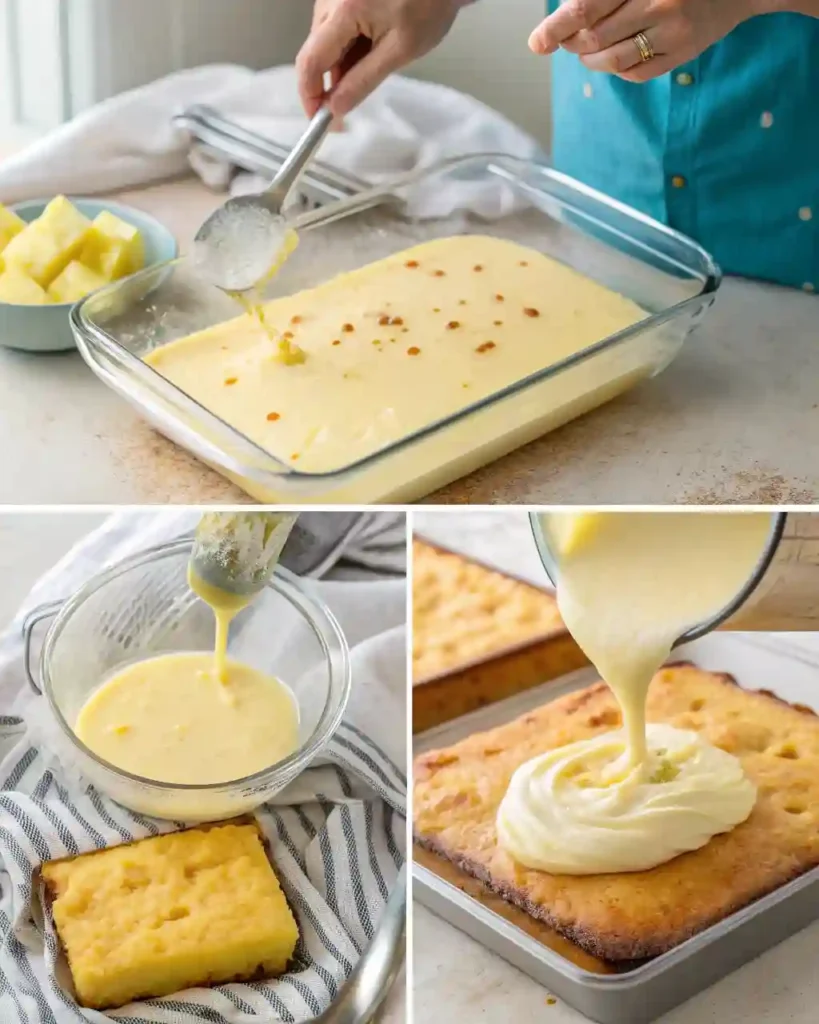Step-by-step images showing how to make pineapple condensed milk cake in a baking dish
